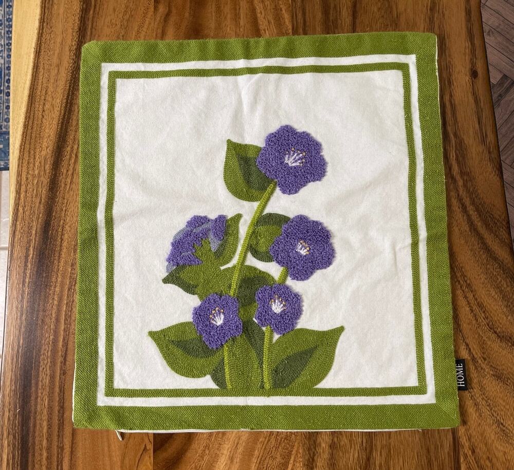 Embroidered Woven Throw Pillow Cover Purple Flowers 16.5" x 17.5" Textured Zip